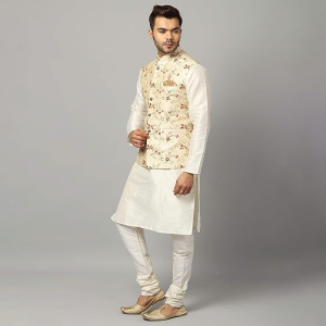 Men's Silk Blend Kurta Pyjama with Stylish Embroidered Ethnic Jacket