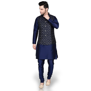 Men's Silk Blend Kurta Churidar Pyjama with Ethnic Bundi Jacket Set