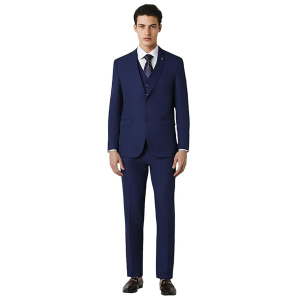Men Navy Solid Slim Fit Wedding Three Piece Suit