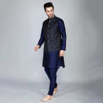 Men's Silk Blend Kurta Churidar Pyjama with Ethnic Bundi Jacket Set