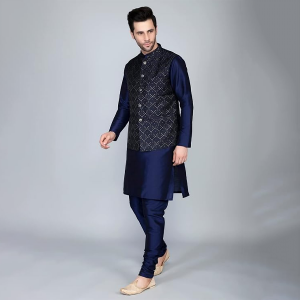 Men's Silk Blend Kurta Churidar Pyjama with Ethnic Bundi Jacket Set